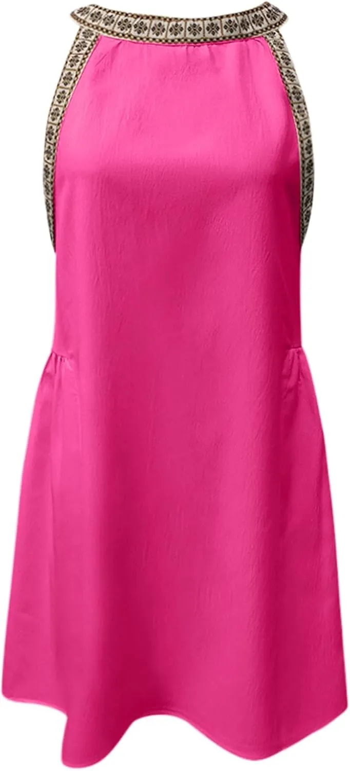 PTOLOCIF Sundresses 2025 Casual Sleeveless Mini Summer Spring Crewneck Tank Loose Beach Dresses Women's Plus Size Summer