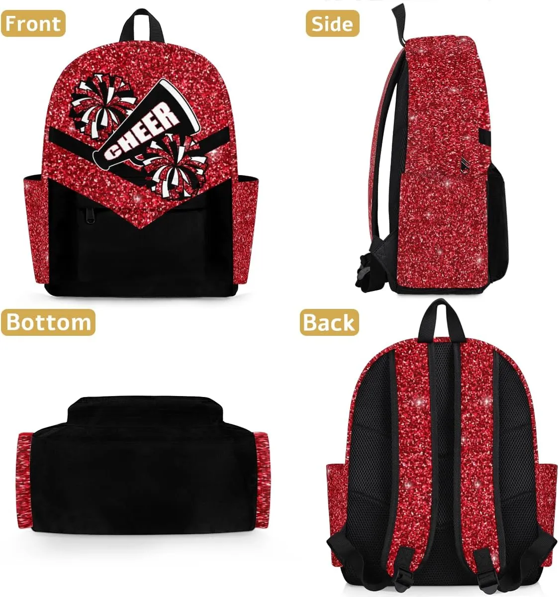 Red Glitter Cheer Kids Backpack for Girls Cheerleader Preschool Toddler Backpack Kindergarten Nursery Bookbag Travel Children Lightweight School Bag
