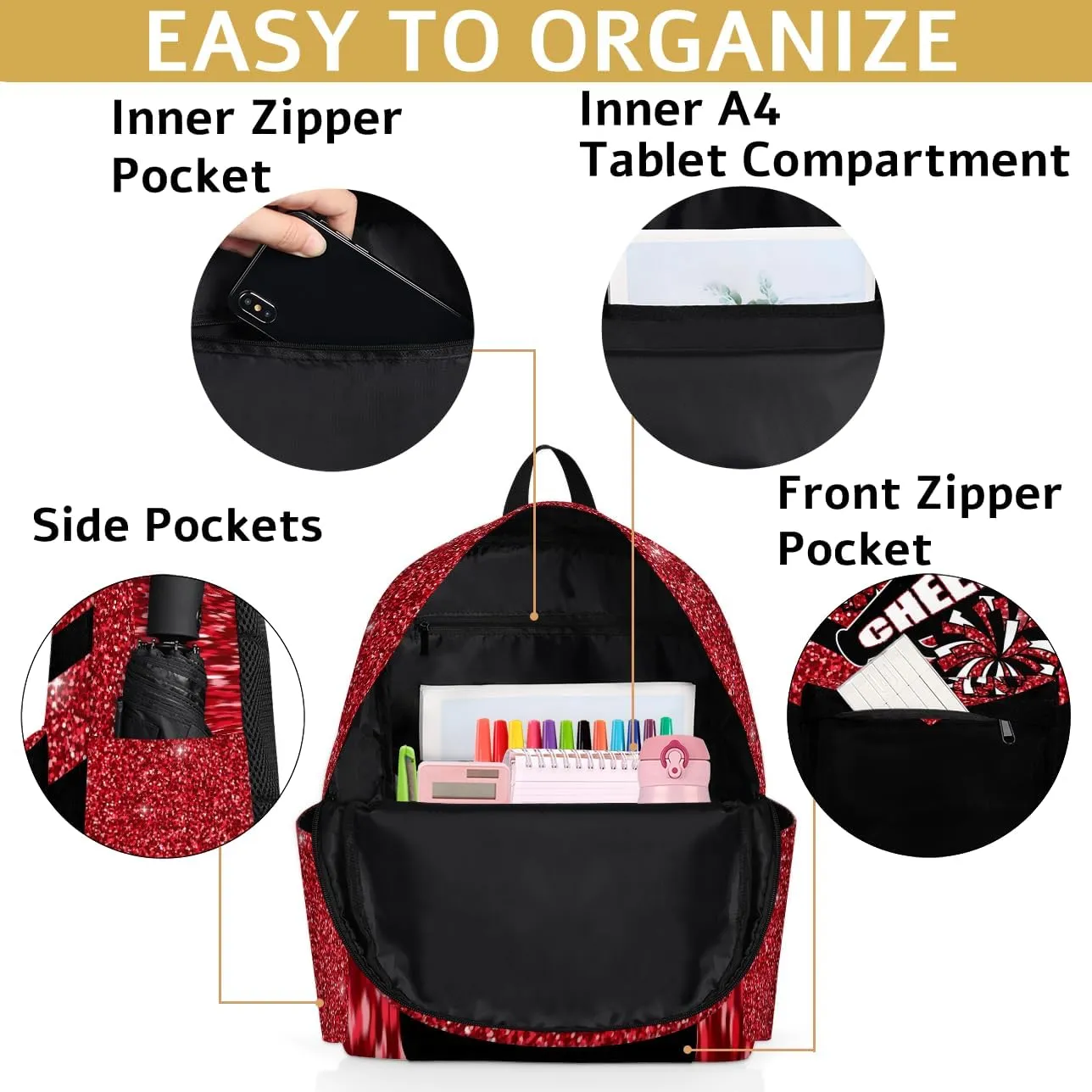 Red Glitter Cheer Kids Backpack for Girls Cheerleader Preschool Toddler Backpack Kindergarten Nursery Bookbag Travel Children Lightweight School Bag