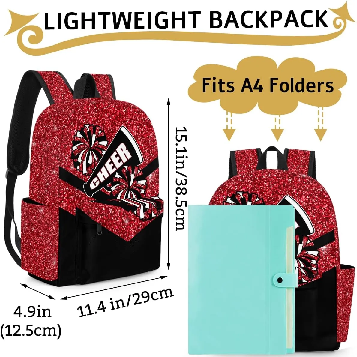Red Glitter Cheer Kids Backpack for Girls Cheerleader Preschool Toddler Backpack Kindergarten Nursery Bookbag Travel Children Lightweight School Bag