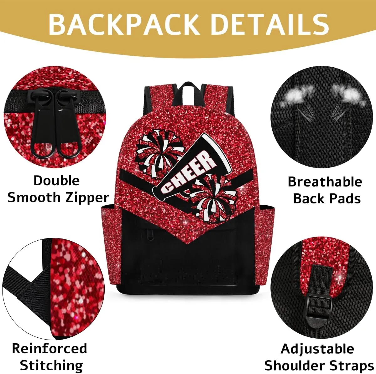 Red Glitter Cheer Kids Backpack for Girls Cheerleader Preschool Toddler Backpack Kindergarten Nursery Bookbag Travel Children Lightweight School Bag