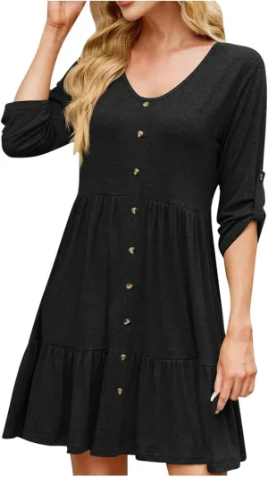 Roll Up 3/4 Length Sleeve Womens Summer Dresses Casual Button Decor V Neck Flowy Ruffle Tiered A Line Swing Mini Dress