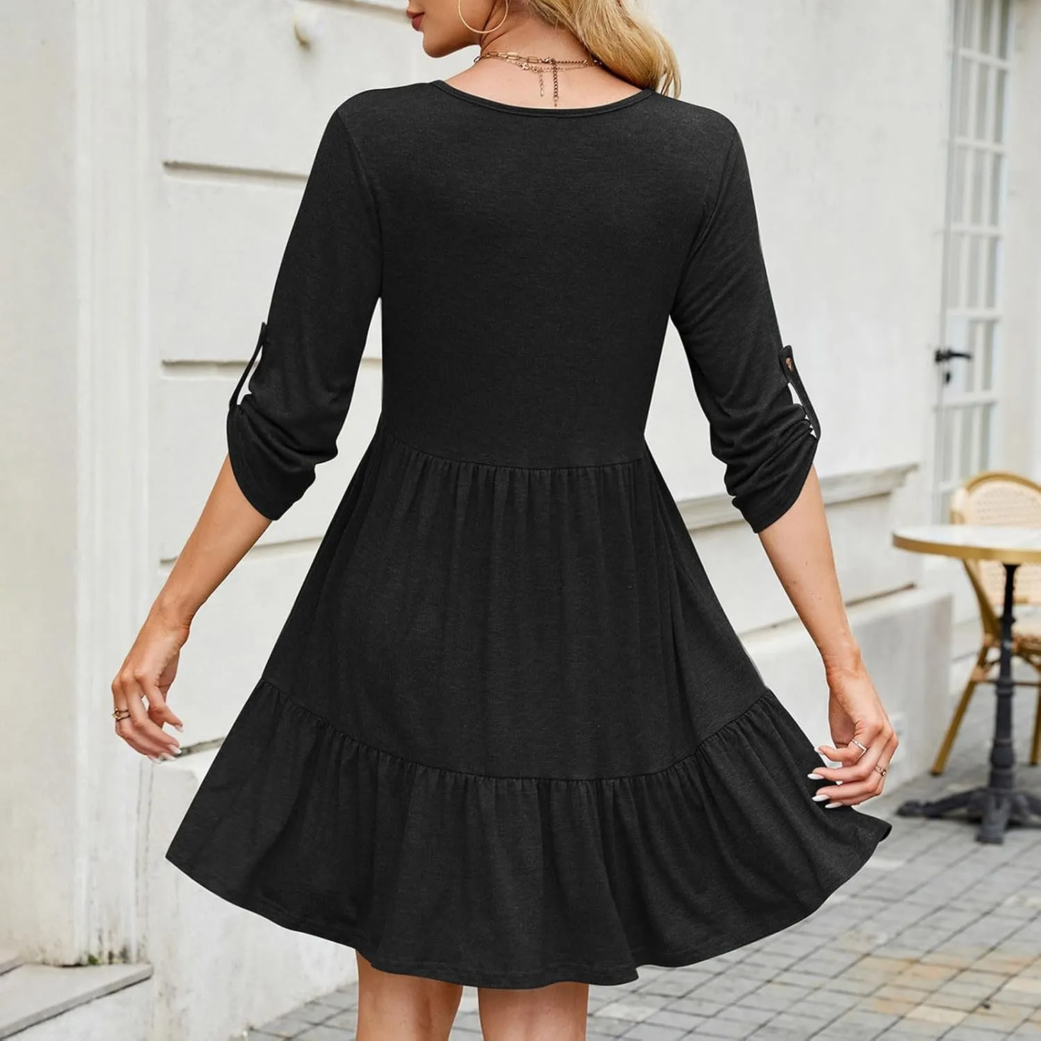 Roll Up 3/4 Length Sleeve Womens Summer Dresses Casual Button Decor V Neck Flowy Ruffle Tiered A Line Swing Mini Dress