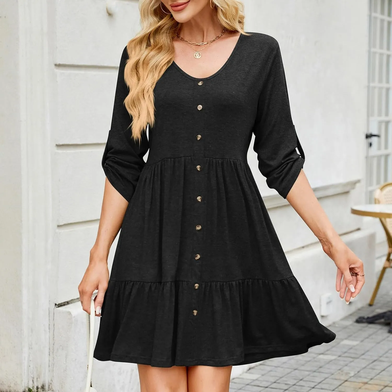 Roll Up 3/4 Length Sleeve Womens Summer Dresses Casual Button Decor V Neck Flowy Ruffle Tiered A Line Swing Mini Dress