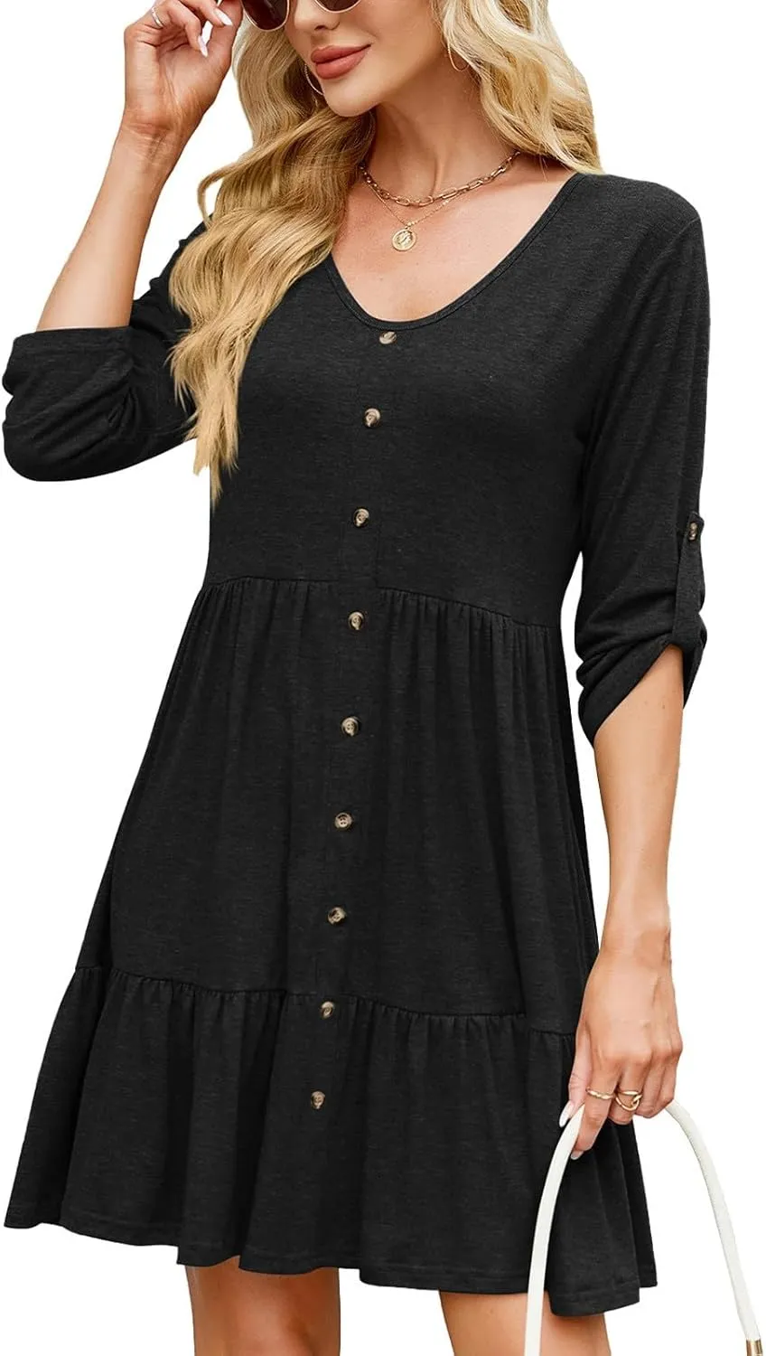 Roll Up 3/4 Length Sleeve Womens Summer Dresses Casual Button Decor V Neck Flowy Ruffle Tiered A Line Swing Mini Dress
