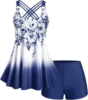 ROSE GAL Womens Plus Size Curve Ombre Color Floral Print Crisscross Modest Tankini Swimsuit Set
