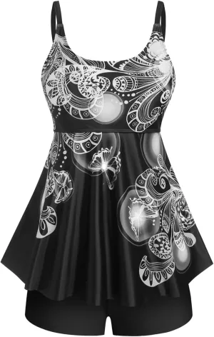 Rosegal Womens Plus Size Curve Butterfly Padded Boyleg Modest Tankini Swimsuit