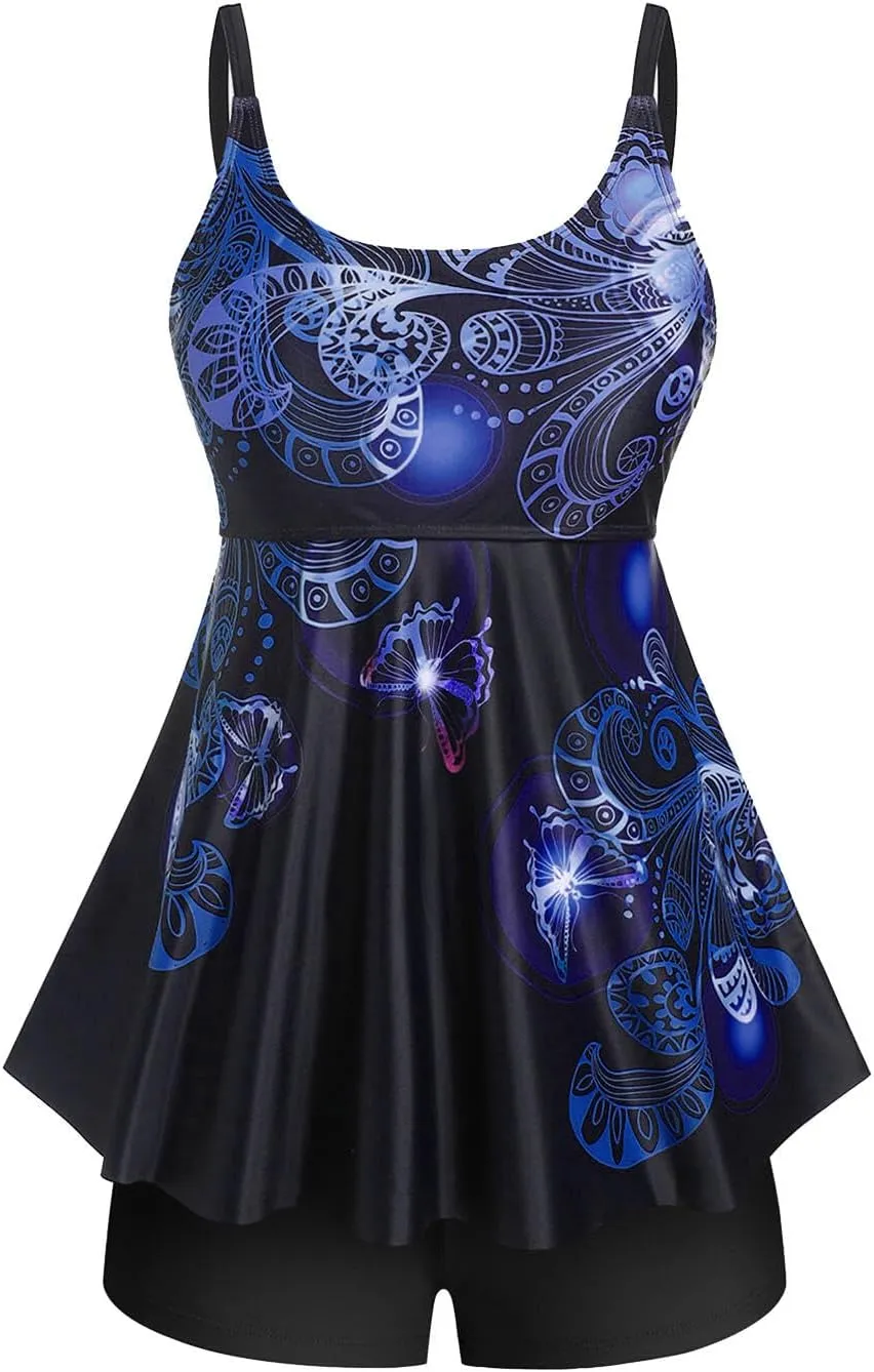 Rosegal Womens Plus Size Curve Butterfly Padded Boyleg Modest Tankini Swimsuit
