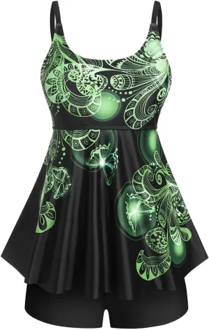 Rosegal Womens Plus Size Curve Butterfly Padded Boyleg Modest Tankini Swimsuit
