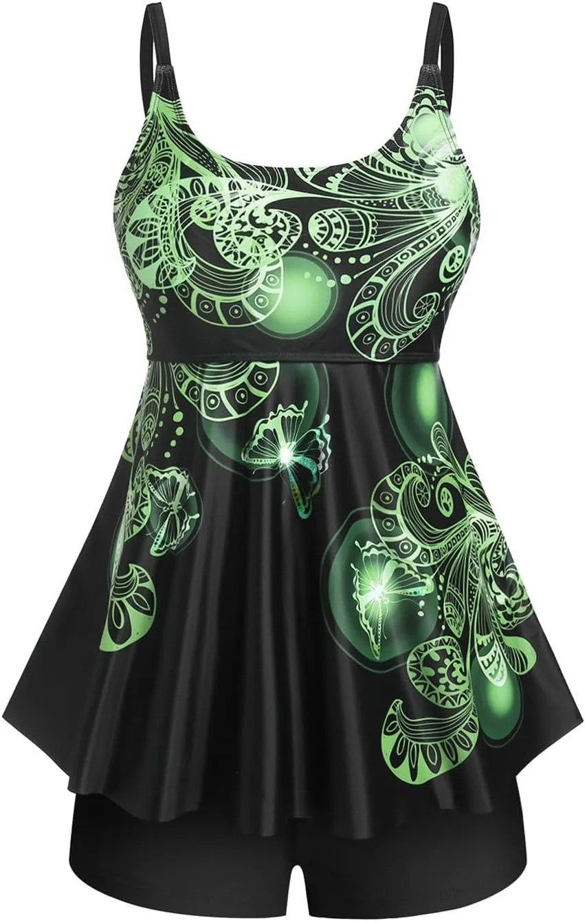 Rosegal Womens Plus Size Curve Butterfly Padded Boyleg Modest Tankini Swimsuit
