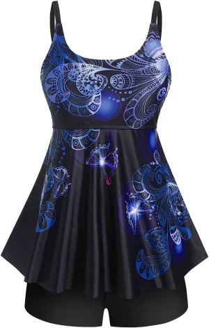 Rosegal Womens Plus Size Curve Butterfly Padded Boyleg Modest Tankini Swimsuit
