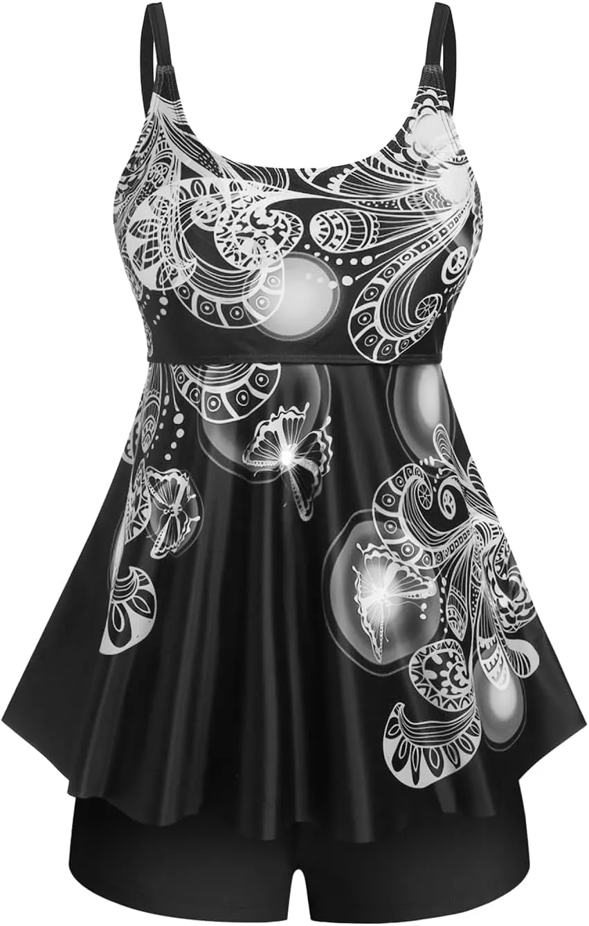 Rosegal Womens Plus Size Curve Butterfly Padded Boyleg Modest Tankini Swimsuit