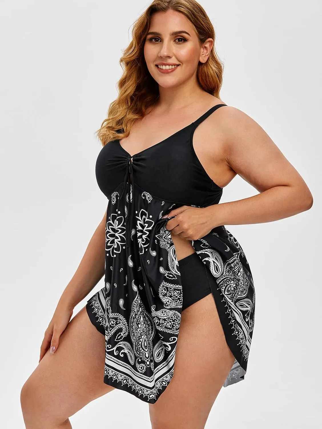 Rosegal Womens Plus Size Curve Paisley Handkerchief Padded Modest Tankini Swimsuit