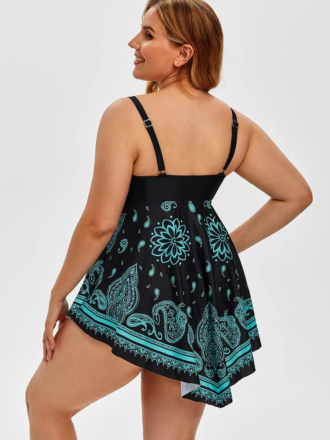 Rosegal Womens Plus Size Curve Paisley Handkerchief Padded Modest Tankini Swimsuit