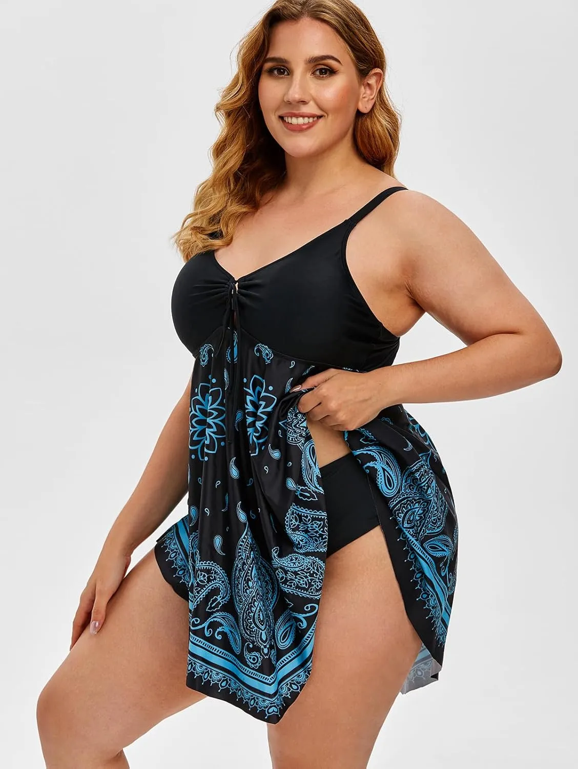 Rosegal Womens Plus Size Curve Paisley Handkerchief Padded Modest Tankini Swimsuit