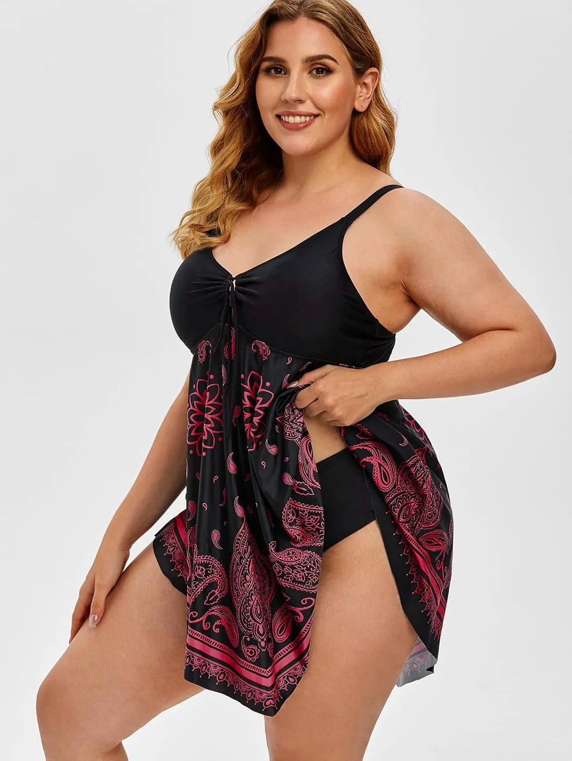 Rosegal Womens Plus Size Curve Paisley Handkerchief Padded Modest Tankini Swimsuit