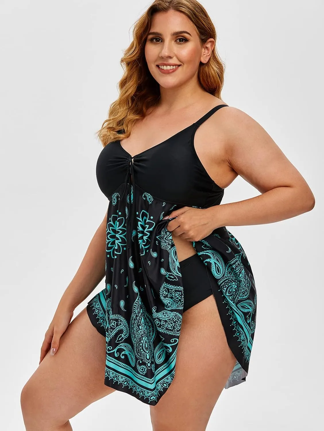 Rosegal Womens Plus Size Curve Paisley Handkerchief Padded Modest Tankini Swimsuit
