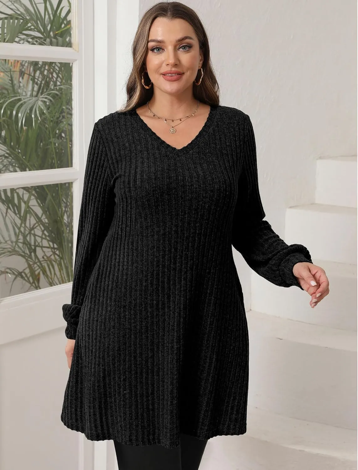 SAMPEEL Womens V Neck Fall Dresses Long Sleeve Casual Sweater Short Dress Fashion Clothes