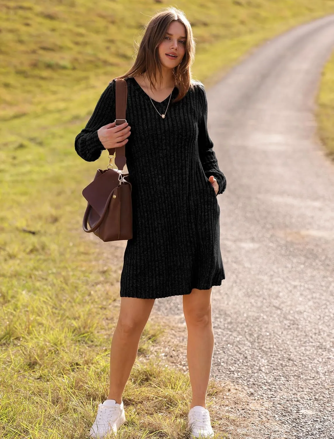 SAMPEEL Womens V Neck Fall Dresses Long Sleeve Casual Sweater Short Dress Fashion Clothes