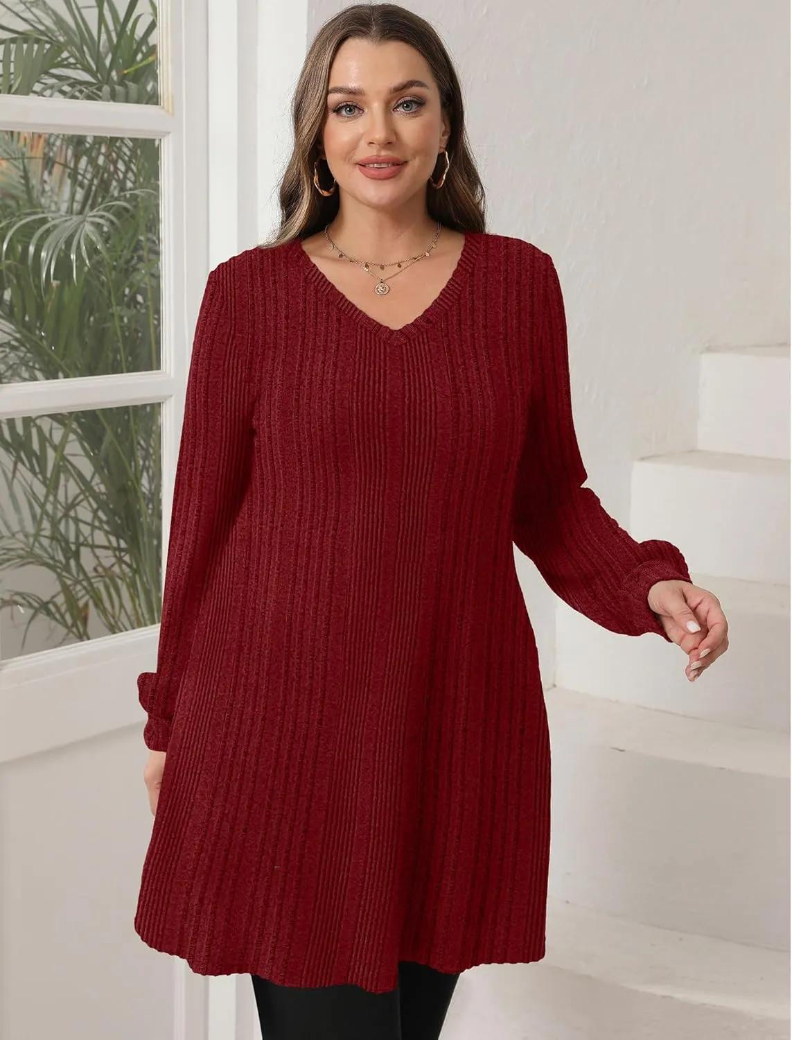 SAMPEEL Womens V Neck Fall Dresses Long Sleeve Casual Sweater Short Dress Fashion Clothes
