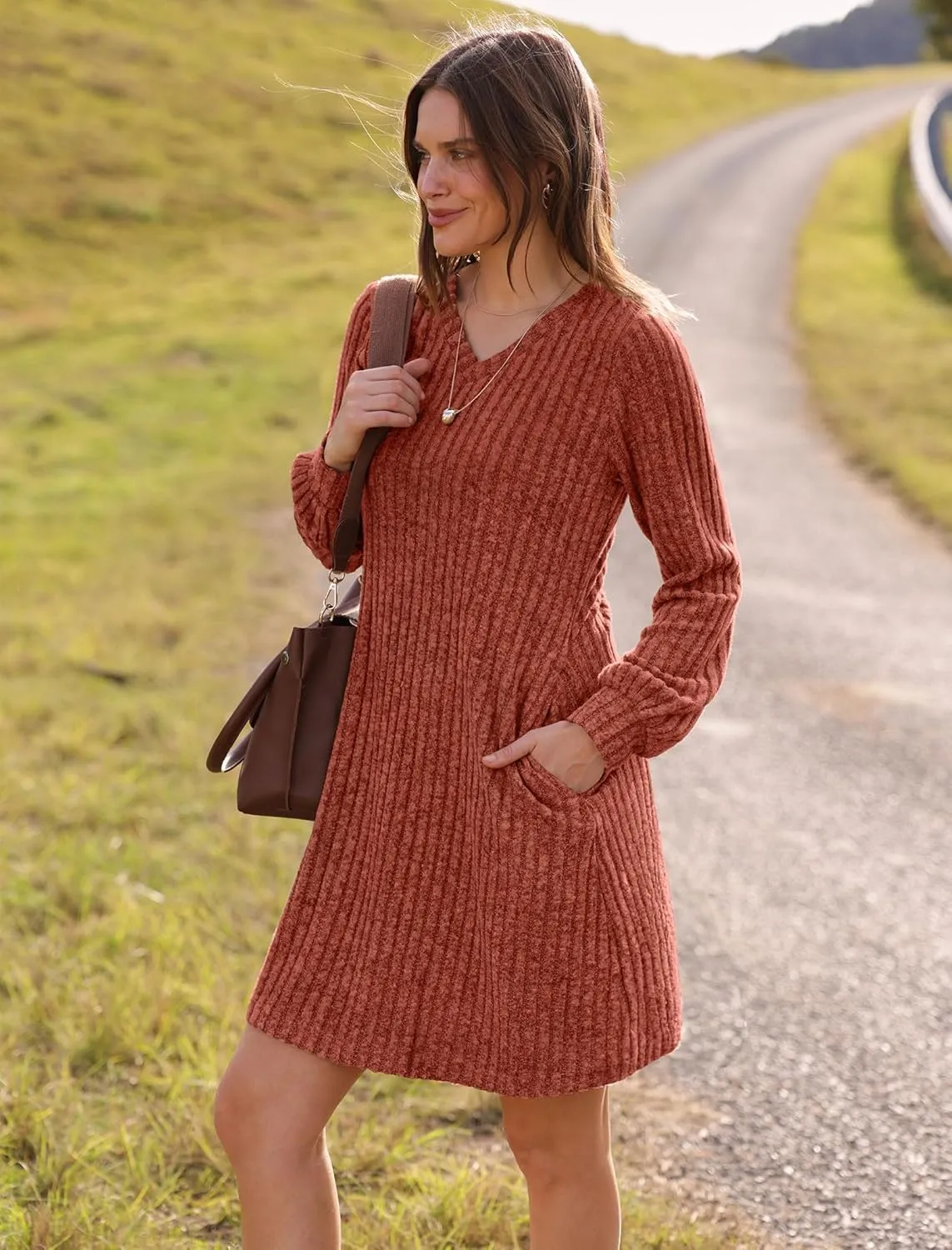 SAMPEEL Womens V Neck Fall Dresses Long Sleeve Casual Sweater Short Dress Fashion Clothes