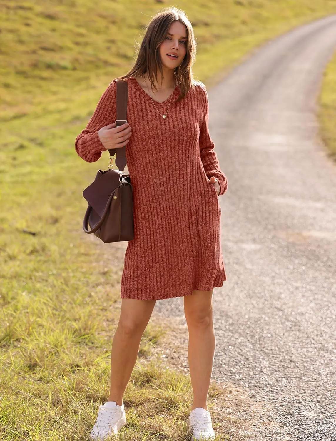 SAMPEEL Womens V Neck Fall Dresses Long Sleeve Casual Sweater Short Dress Fashion Clothes
