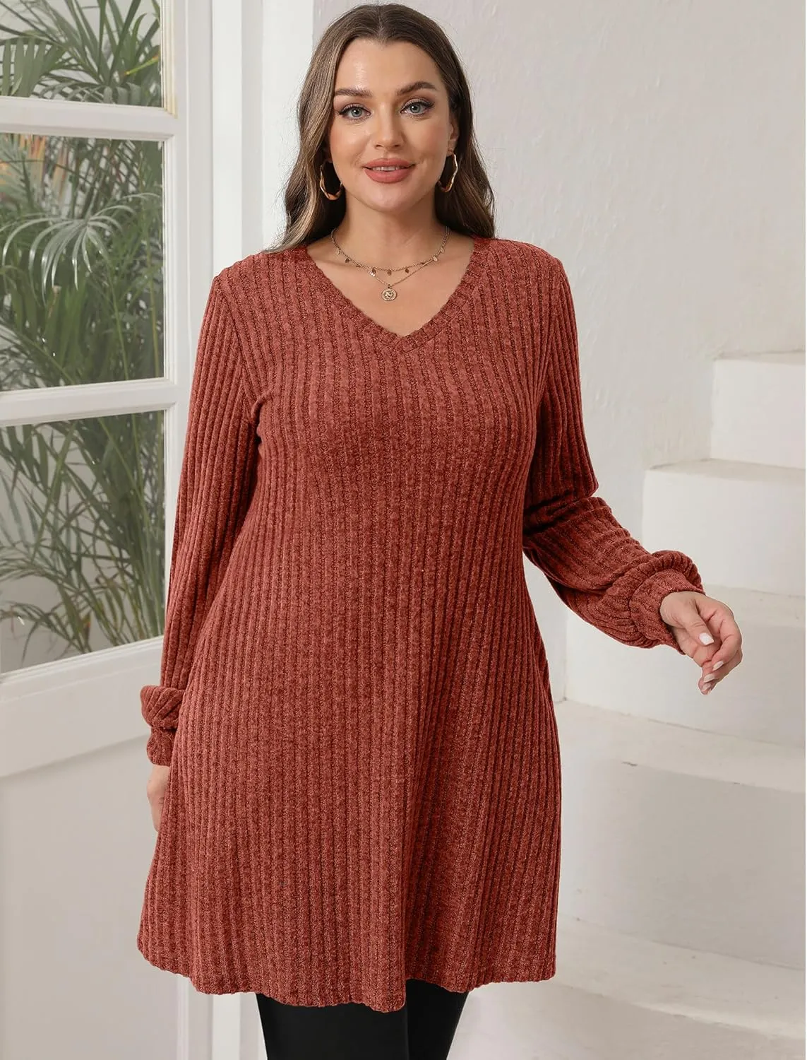 SAMPEEL Womens V Neck Fall Dresses Long Sleeve Casual Sweater Short Dress Fashion Clothes
