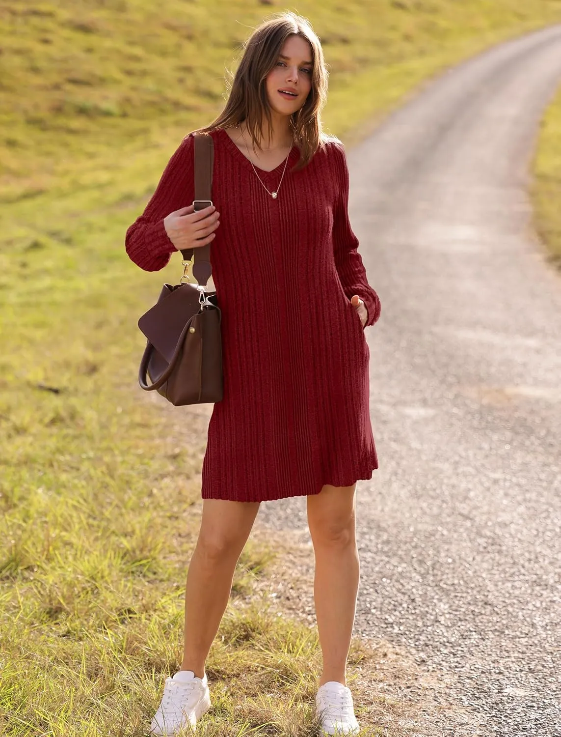 SAMPEEL Womens V Neck Fall Dresses Long Sleeve Casual Sweater Short Dress Fashion Clothes