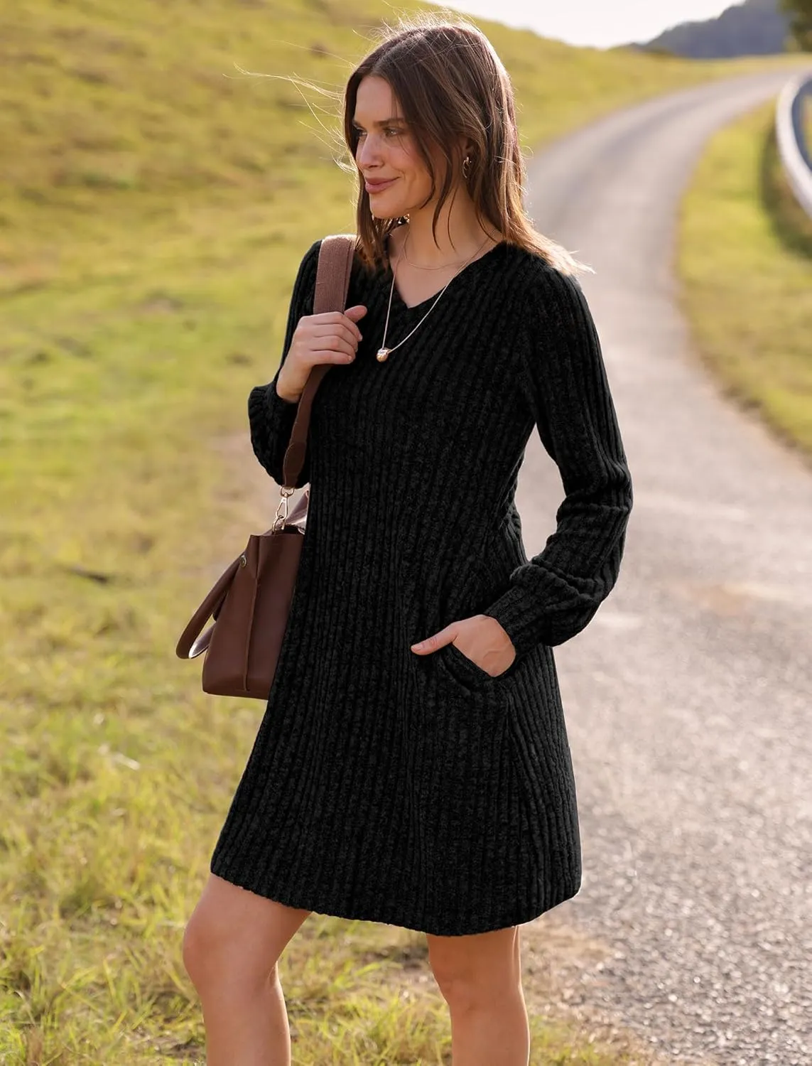 SAMPEEL Womens V Neck Fall Dresses Long Sleeve Casual Sweater Short Dress Fashion Clothes