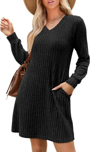 SAMPEEL Womens V Neck Fall Dresses Long Sleeve Casual Sweater Short Dress Fashion Clothes