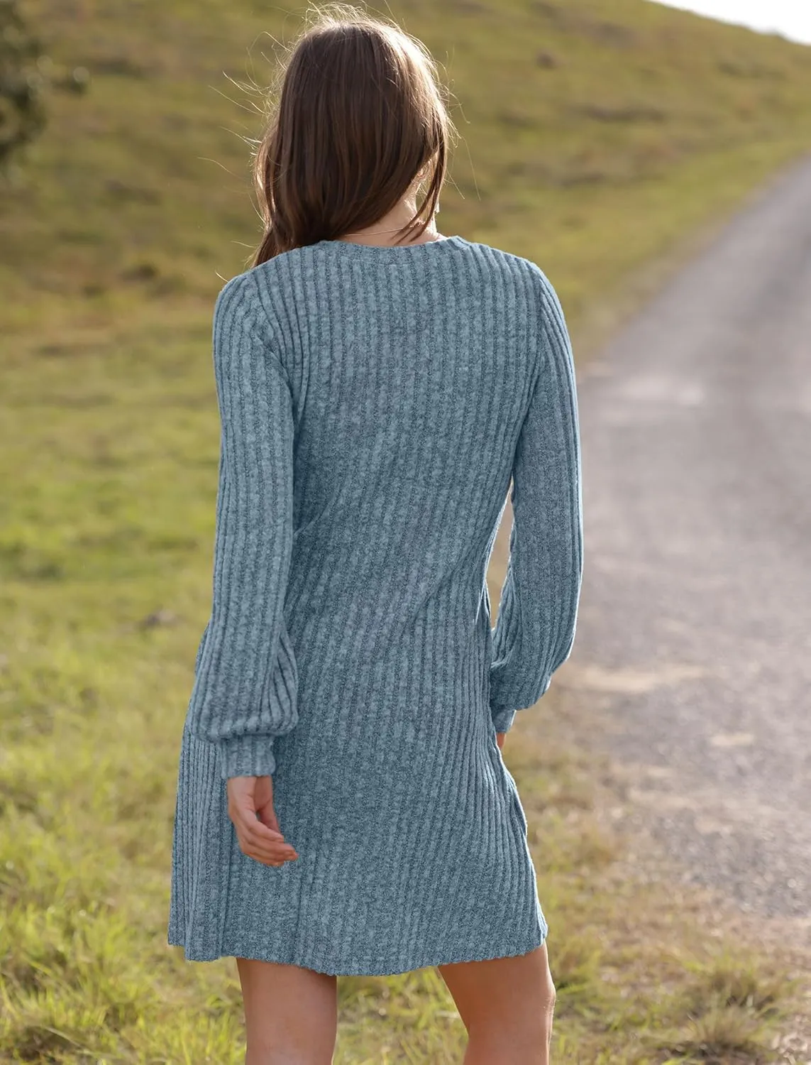 SAMPEEL Womens V Neck Fall Dresses Long Sleeve Casual Sweater Short Dress Fashion Clothes