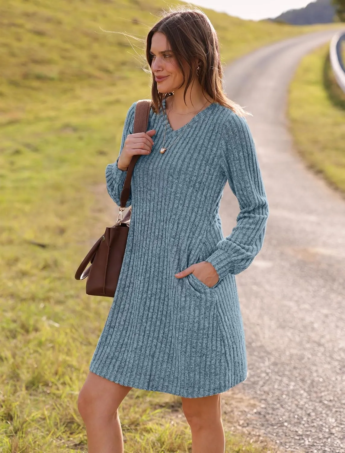 SAMPEEL Womens V Neck Fall Dresses Long Sleeve Casual Sweater Short Dress Fashion Clothes