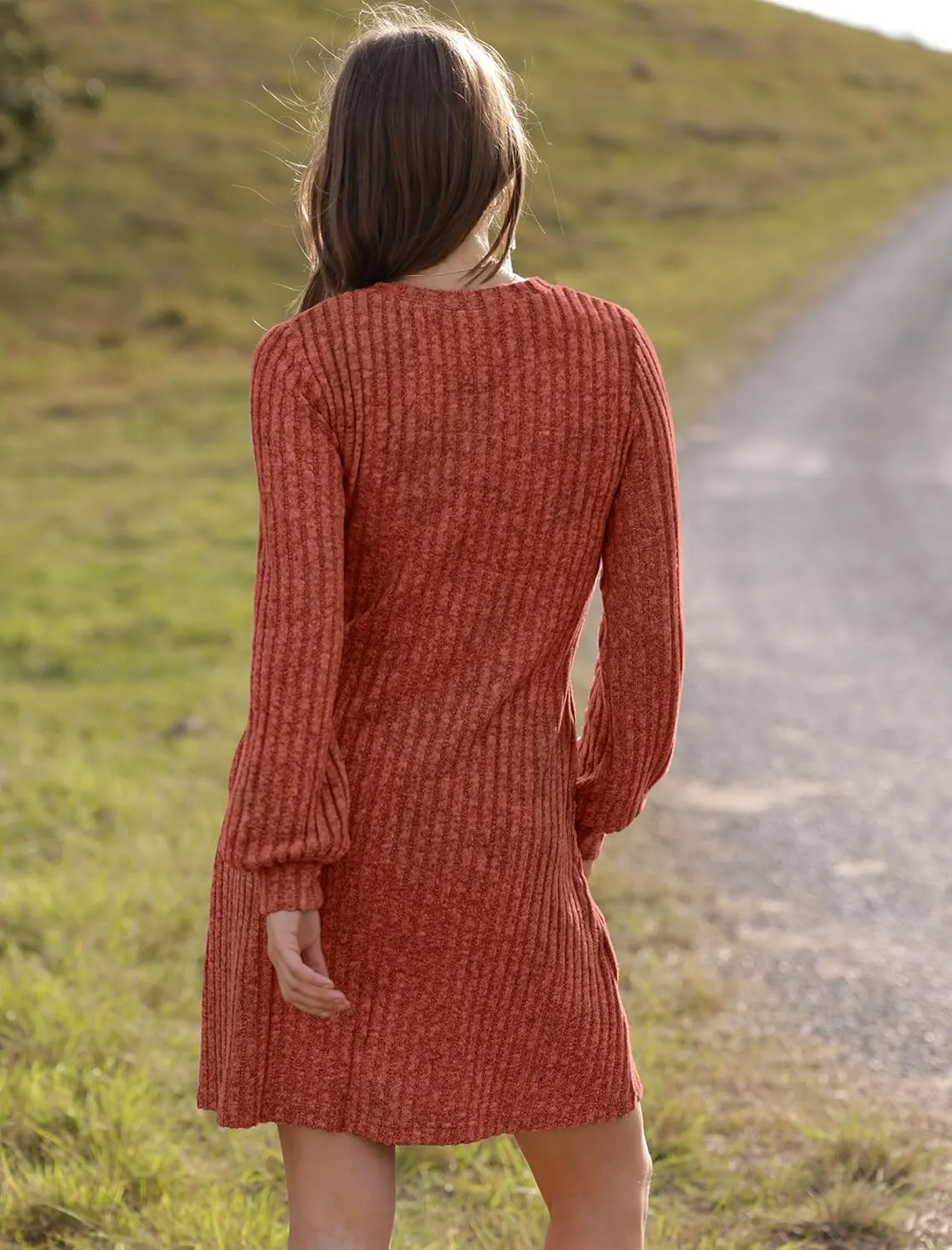 SAMPEEL Womens V Neck Fall Dresses Long Sleeve Casual Sweater Short Dress Fashion Clothes