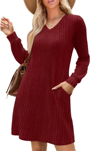 SAMPEEL Womens V Neck Fall Dresses Long Sleeve Casual Sweater Short Dress Fashion Clothes