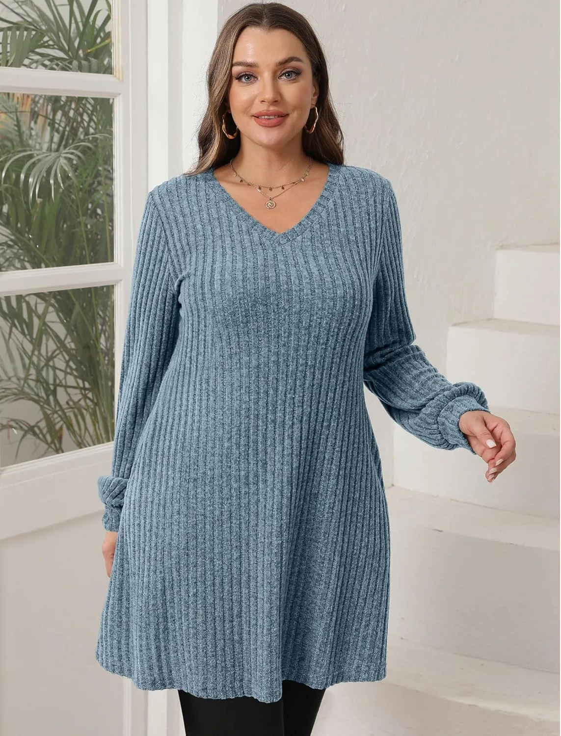 SAMPEEL Womens V Neck Fall Dresses Long Sleeve Casual Sweater Short Dress Fashion Clothes