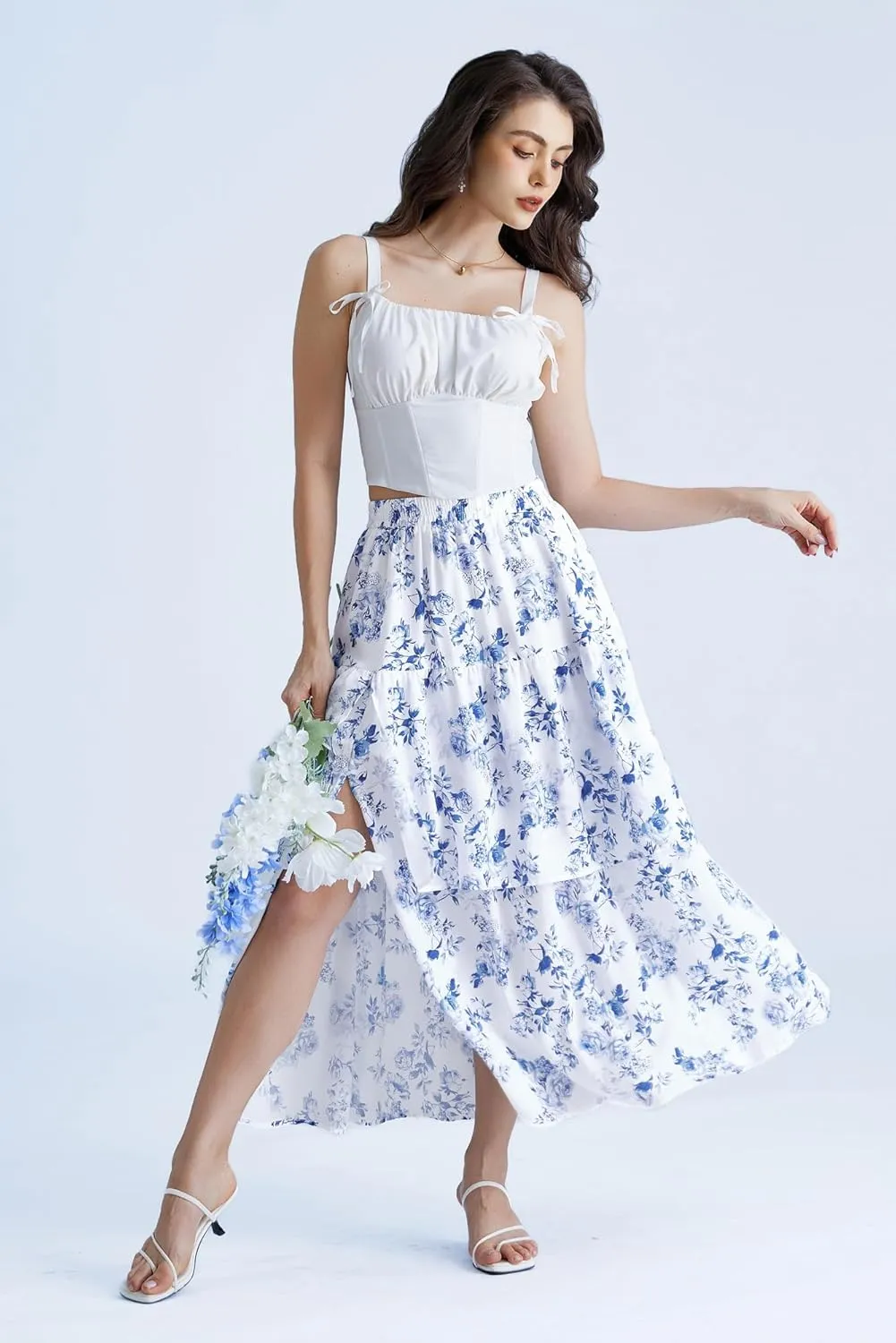 Scarlet Darkness Long Skirts for Women Floral Tiered Slit Flowy Skirt with Pockets