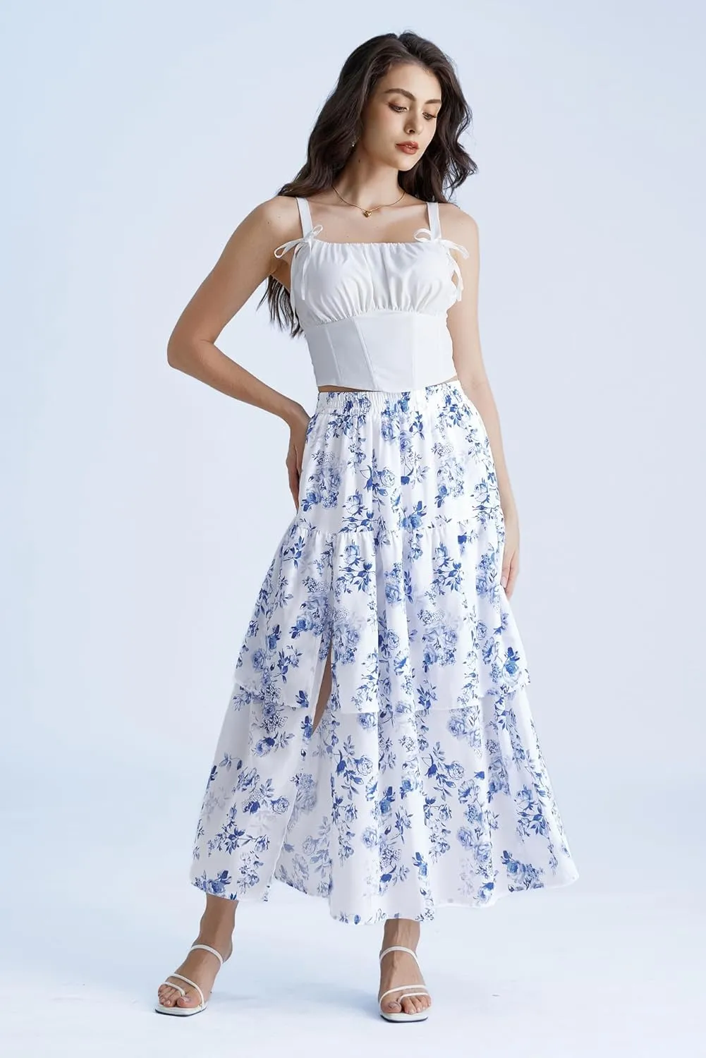 Scarlet Darkness Long Skirts for Women Floral Tiered Slit Flowy Skirt with Pockets