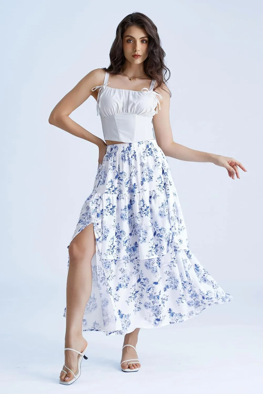 Scarlet Darkness Long Skirts for Women Floral Tiered Slit Flowy Skirt with Pockets