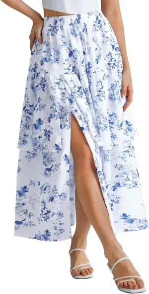 Scarlet Darkness Long Skirts for Women Floral Tiered Slit Flowy Skirt with Pockets