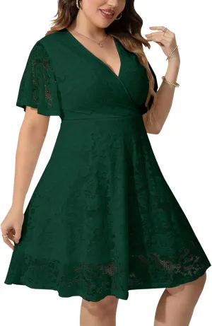 SCOMCHIC Women Plus Size Lace Cocktail Dresses Summer Wrap V Neck Short Sleeve Flowy A Line Wedding Guest Midi Dress