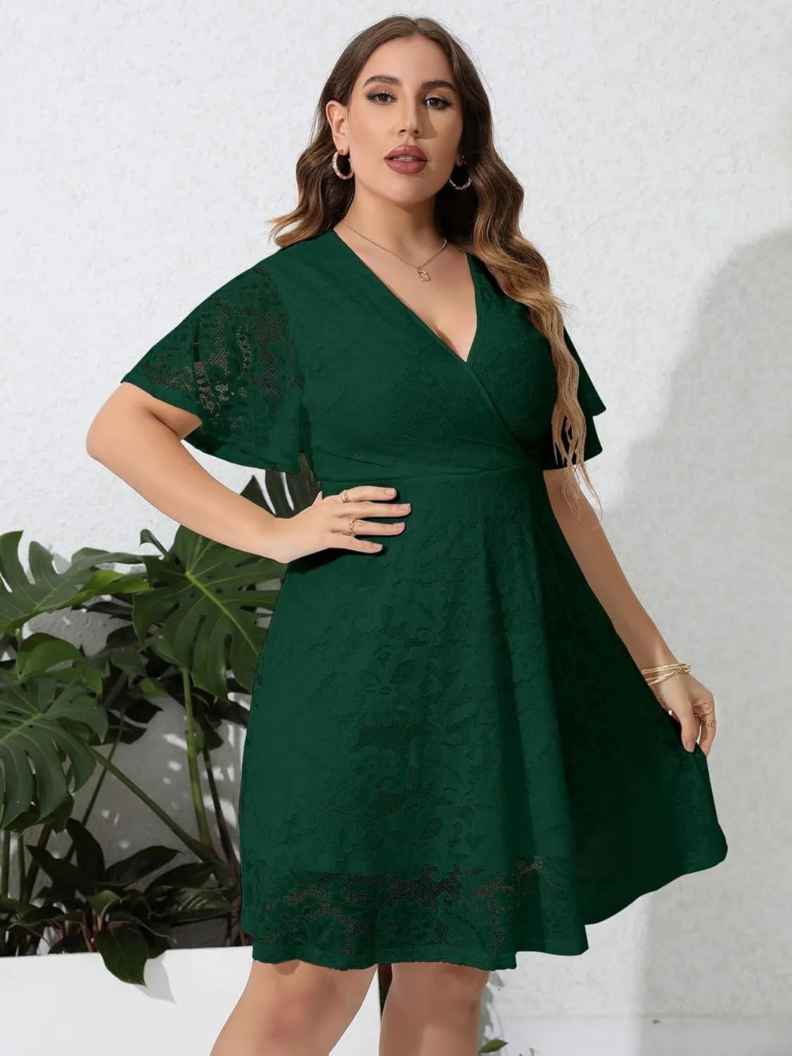 SCOMCHIC Women Plus Size Lace Cocktail Dresses Summer Wrap V Neck Short Sleeve Flowy A Line Wedding Guest Midi Dress
