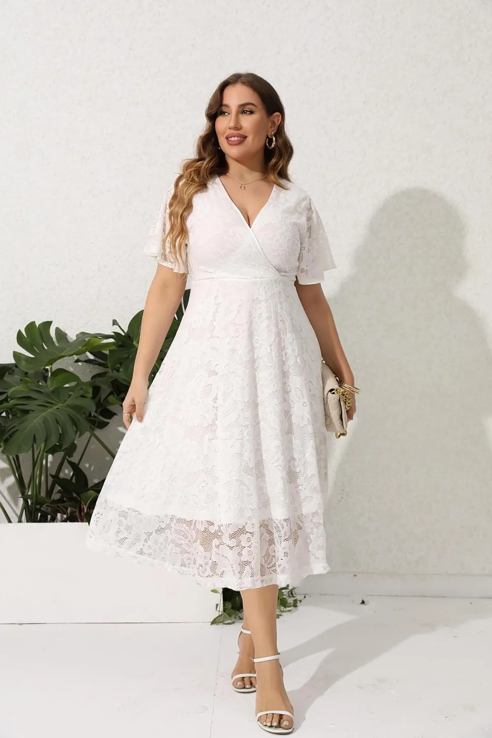 SCOMCHIC Women Plus Size Lace Cocktail Dresses Summer Wrap V Neck Short Sleeve Flowy A Line Wedding Guest Midi Dress