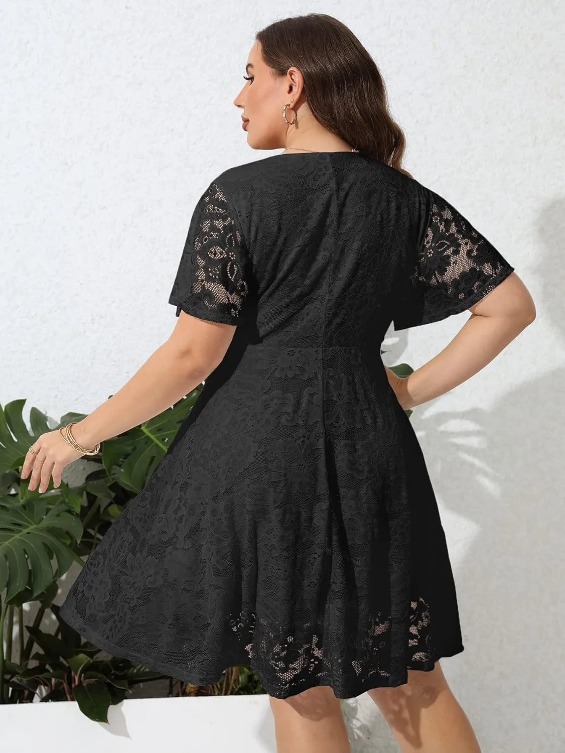SCOMCHIC Women Plus Size Lace Cocktail Dresses Summer Wrap V Neck Short Sleeve Flowy A Line Wedding Guest Midi Dress