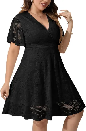 SCOMCHIC Women Plus Size Lace Cocktail Dresses Summer Wrap V Neck Short Sleeve Flowy A Line Wedding Guest Midi Dress