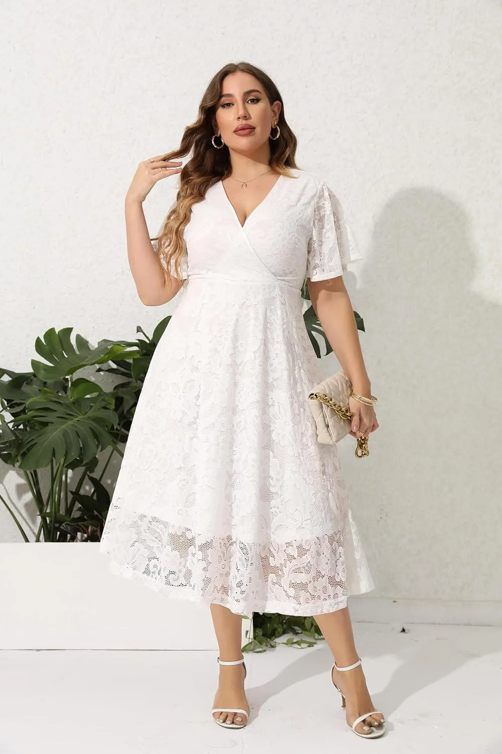 SCOMCHIC Women Plus Size Lace Cocktail Dresses Summer Wrap V Neck Short Sleeve Flowy A Line Wedding Guest Midi Dress