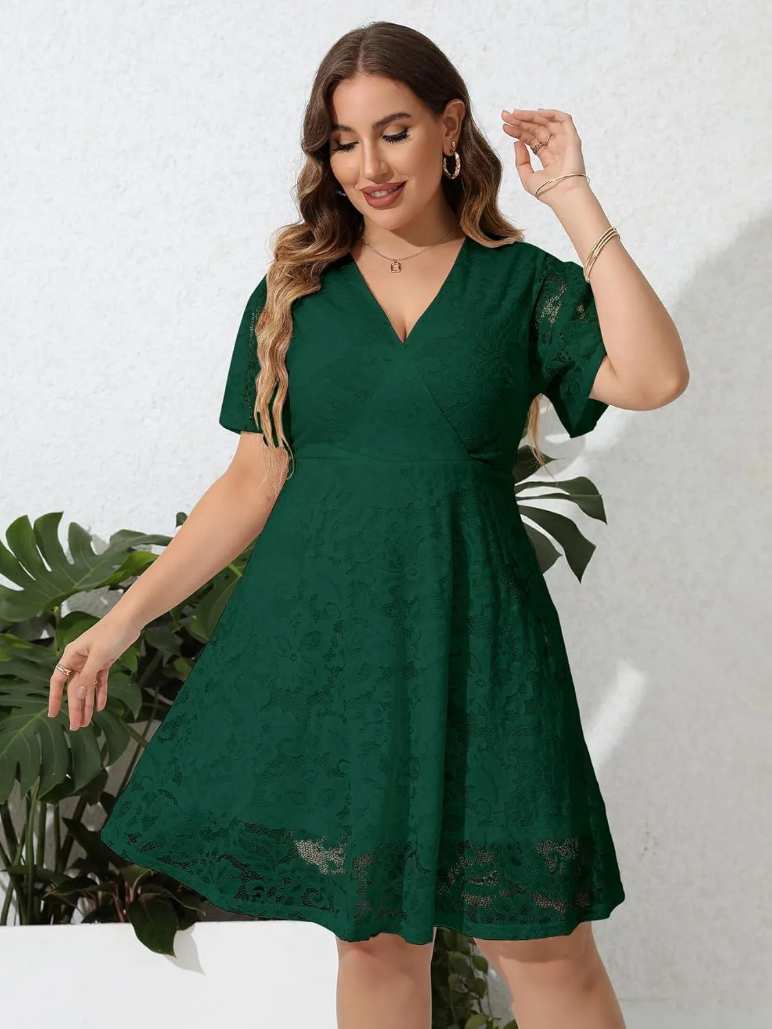 SCOMCHIC Women Plus Size Lace Cocktail Dresses Summer Wrap V Neck Short Sleeve Flowy A Line Wedding Guest Midi Dress