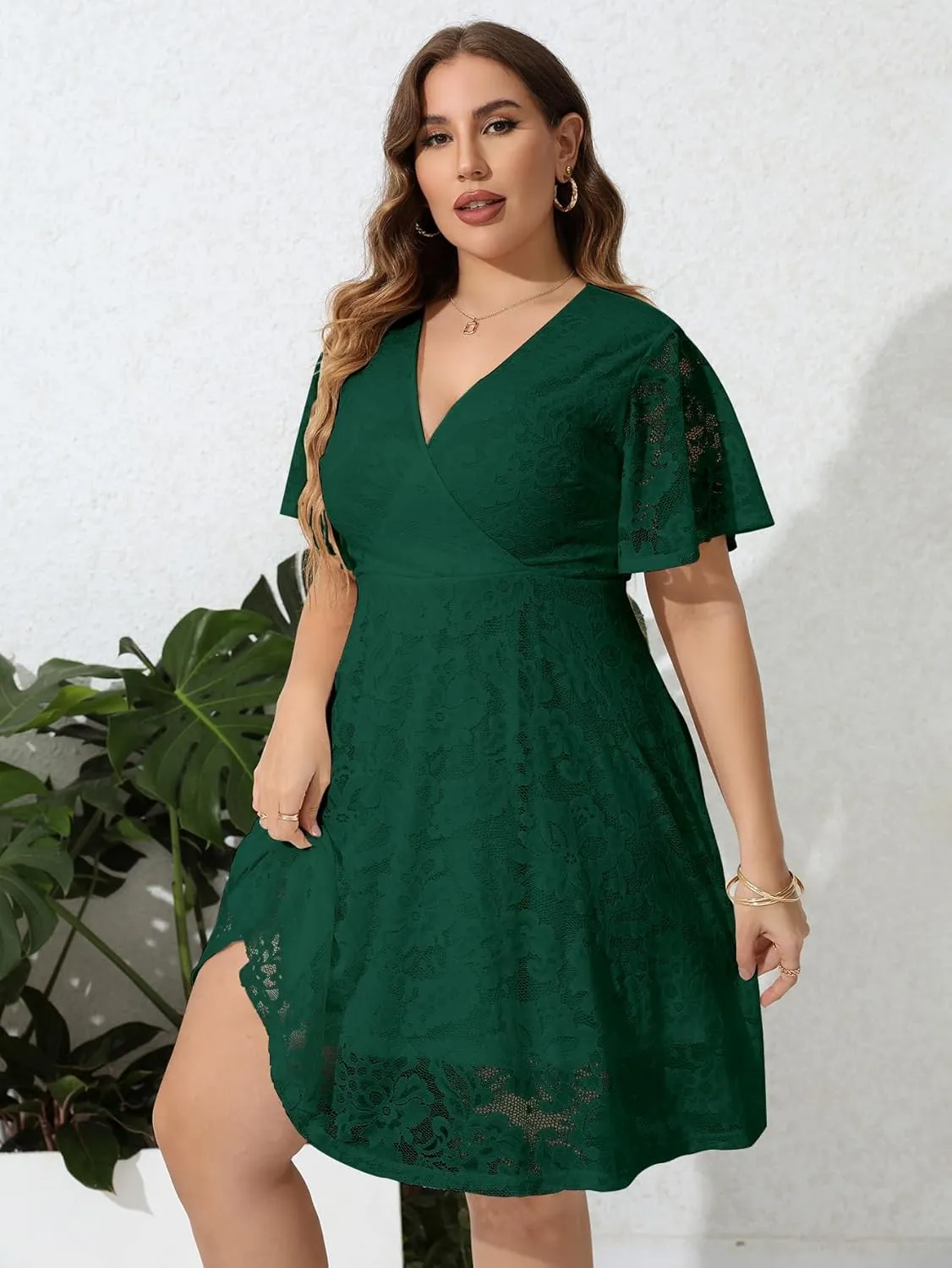 SCOMCHIC Women Plus Size Lace Cocktail Dresses Summer Wrap V Neck Short Sleeve Flowy A Line Wedding Guest Midi Dress