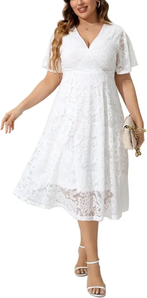 SCOMCHIC Women Plus Size Lace Cocktail Dresses Summer Wrap V Neck Short Sleeve Flowy A Line Wedding Guest Midi Dress