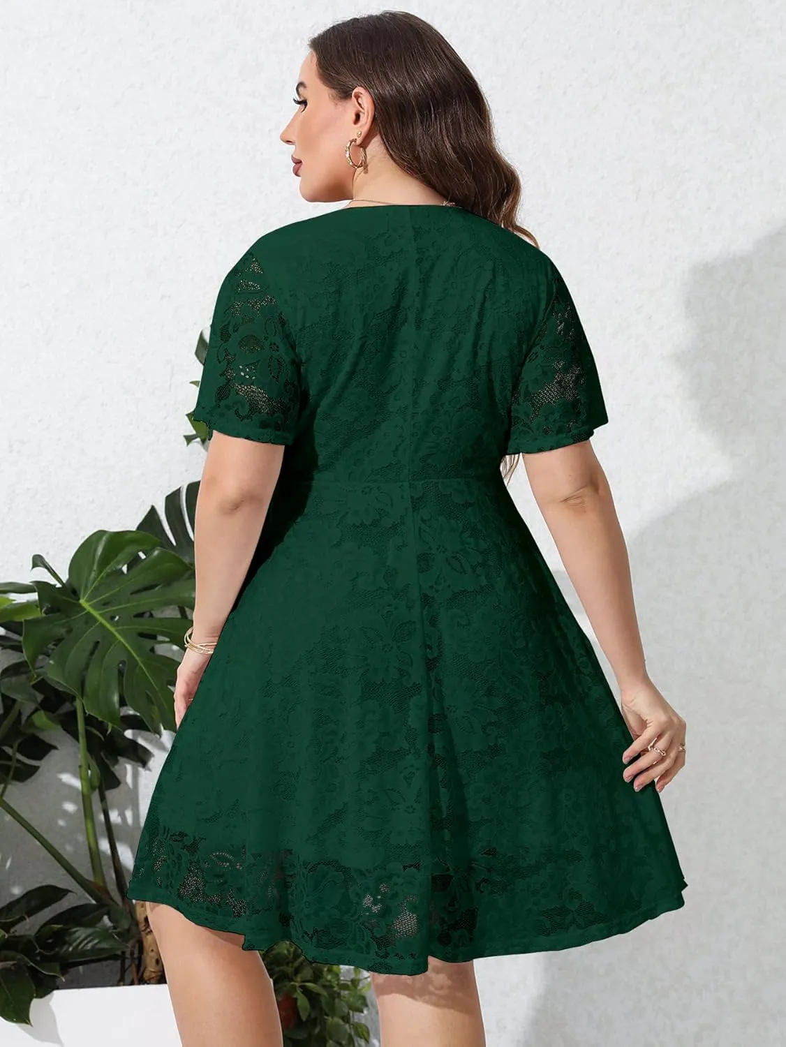 SCOMCHIC Women Plus Size Lace Cocktail Dresses Summer Wrap V Neck Short Sleeve Flowy A Line Wedding Guest Midi Dress