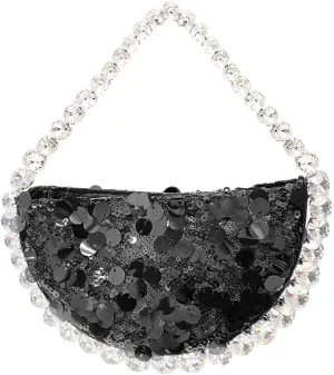 Sequin Evening Bag, Satin Diamond Carrying Handle, Semicircle Clutch Purses for Women, Handbag for Wedding, Prom, Parties, Travel (Black)